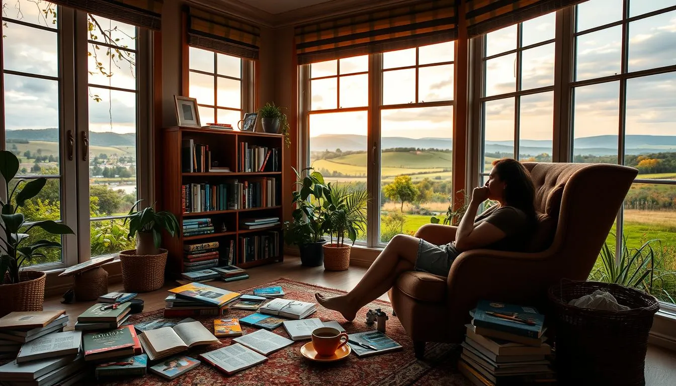 a person sitting in a reading room contemplating on transitions, with books on the floor and on the shelf