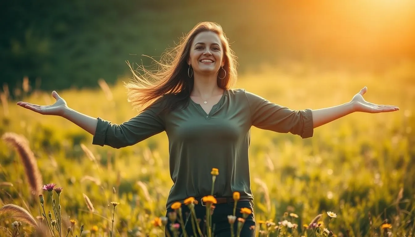 a person standing in a field of wild flowers, with a smile on their face expressing authentic happiness