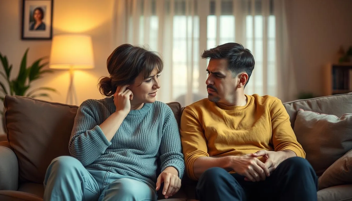 a couple sitting on a couch planning how to navigate difficult conversations