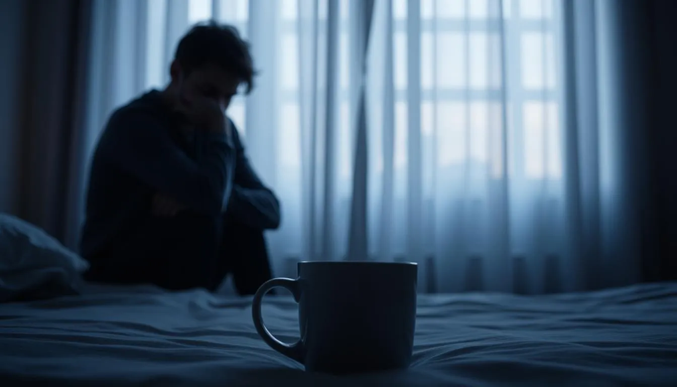 a person sitting in a dark room on a bed  and a mug, feeling depressed 