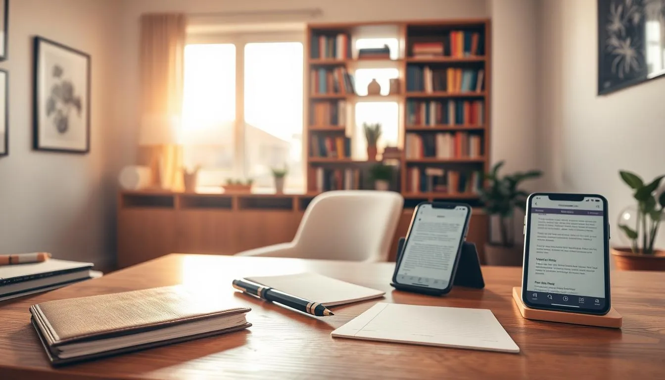 a table and chair in a home-office setup, with journal and tablet on the table to show how to use different applications to journal