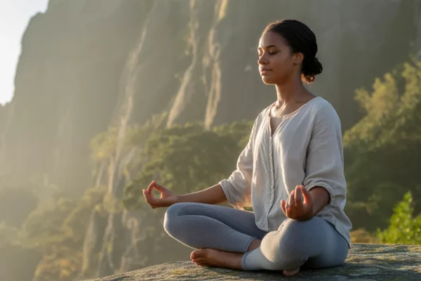 Individual meditating in nature, symbolising natural methods like mindfulness and movement to relieve chronic stress