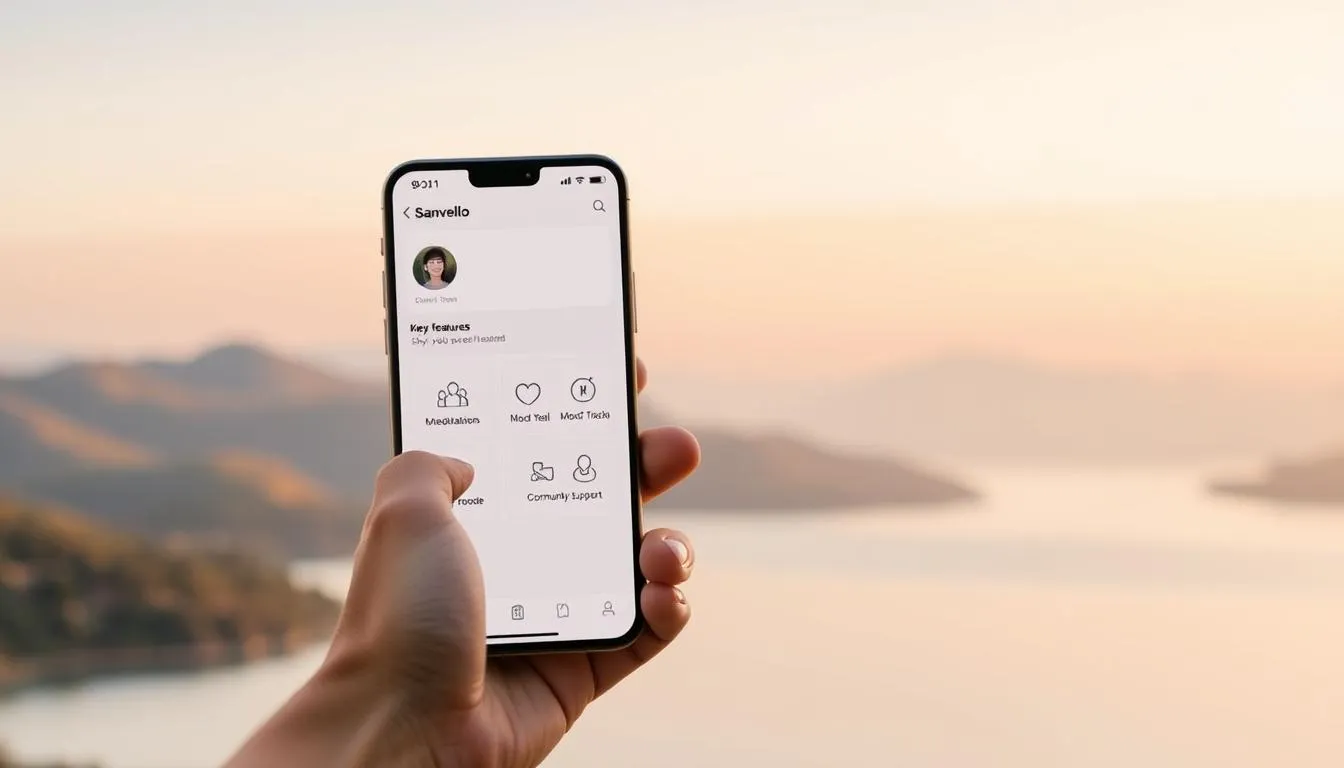 a phone with showing sanvello app for those with stress, anxiety and depression