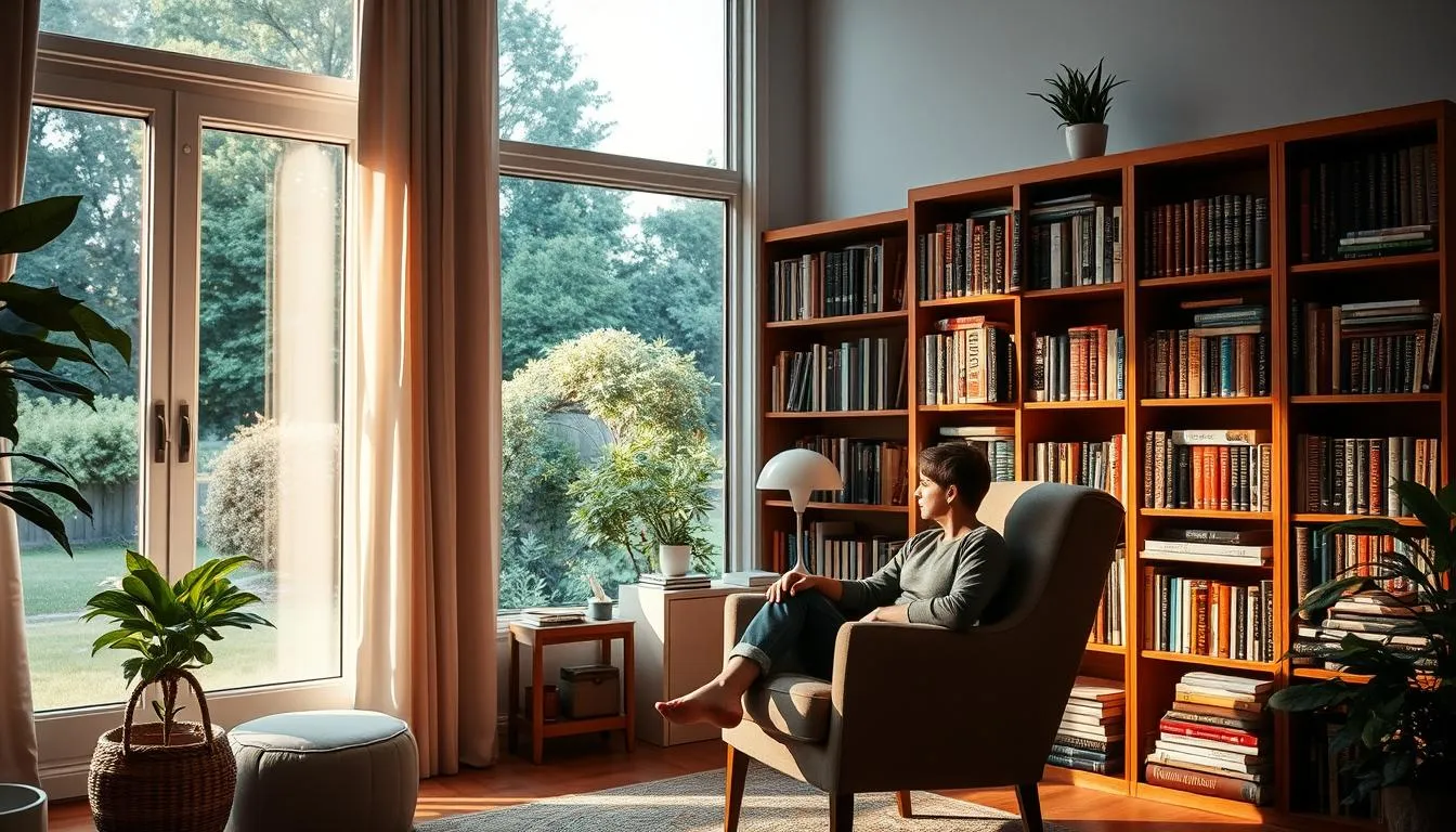 a person sitting in a home-based library and finding ways to manage depression