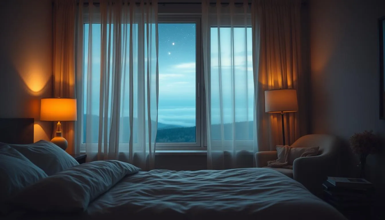 a bedroom with dim lighting under a starry sky
