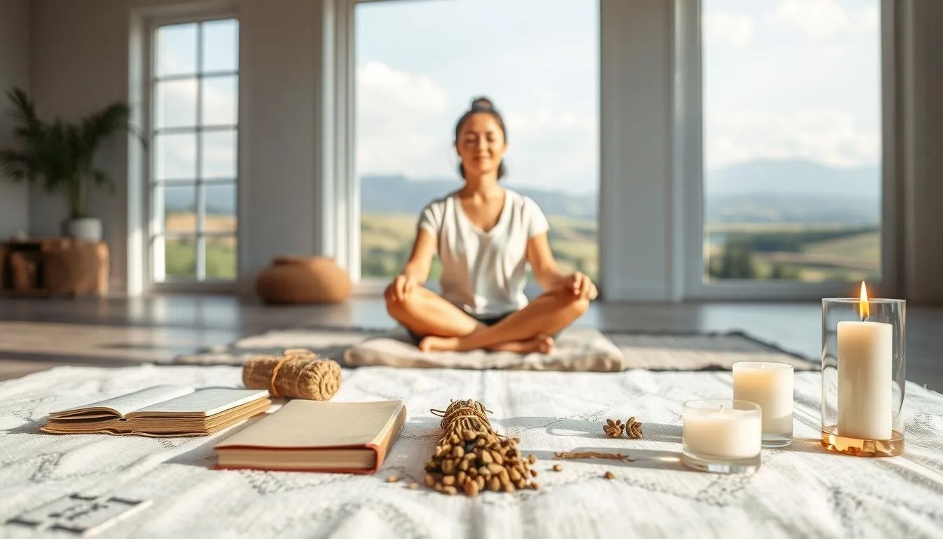 a person sitting in yoga pose in a quite environment with books, incense  and candles