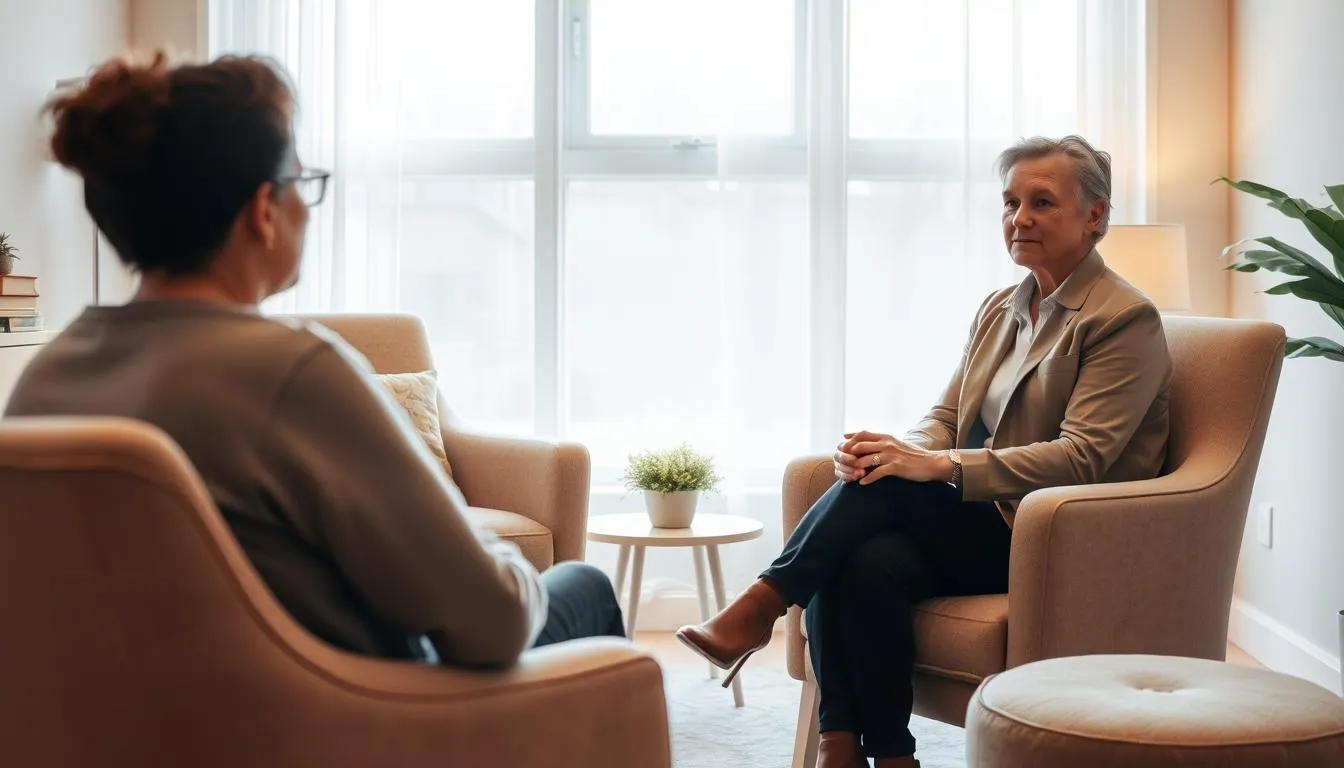 two people in a therapy session, the client attending their first therapy session