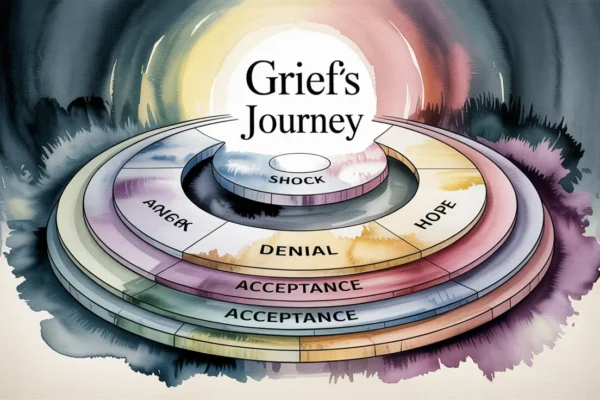 illustration of a grief wheel model showing emotional stages of loss, representing the cyclical and evolving nature of grieving