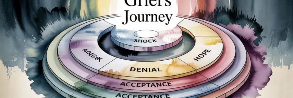 illustration of a grief wheel model showing emotional stages of loss, representing the cyclical and evolving nature of grieving