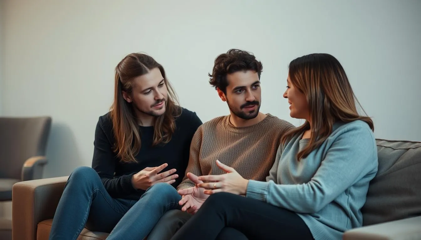 A group sitting in a therapy session, discussing communication breakdown