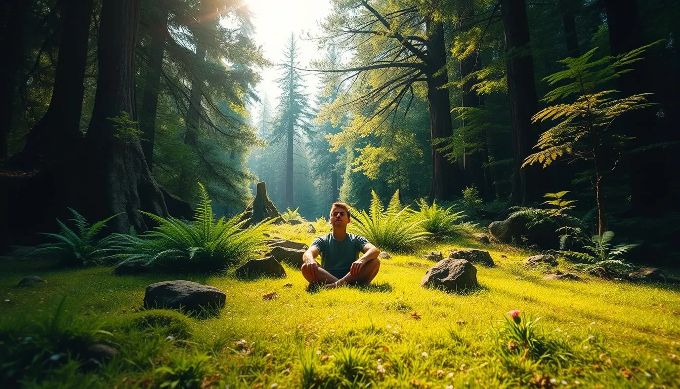 a person in a serene forest taking the initiative to relax after experiencing burnout 