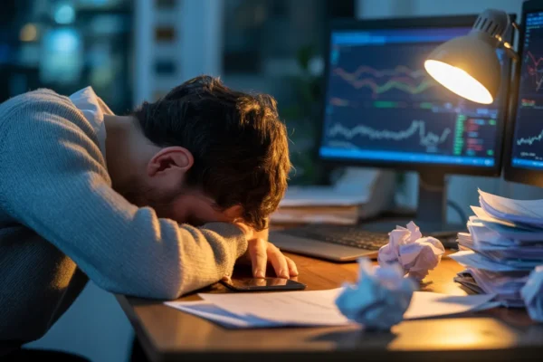 Overwhelmed person at a cluttered desk, showing the mental and emotional toll of stress on overall mental health