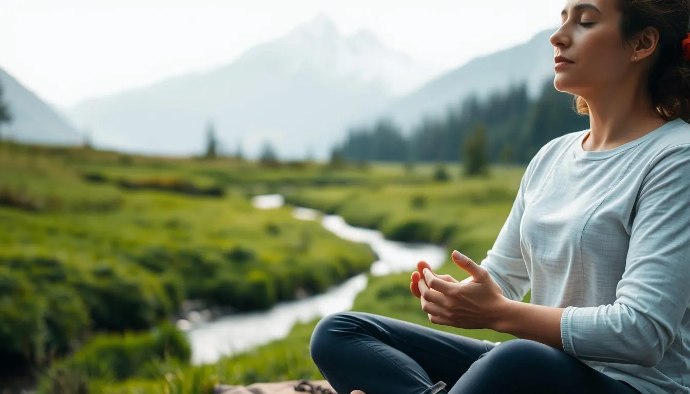 Person meditating and practicing mindful breathing in a serene environment, staying present and reducing stress