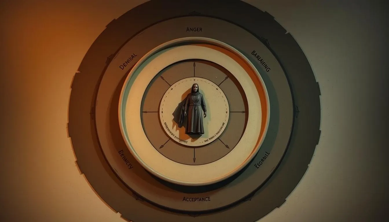 illustration of a grief wheel model showing emotional stages bargaining, anger, denial, etc