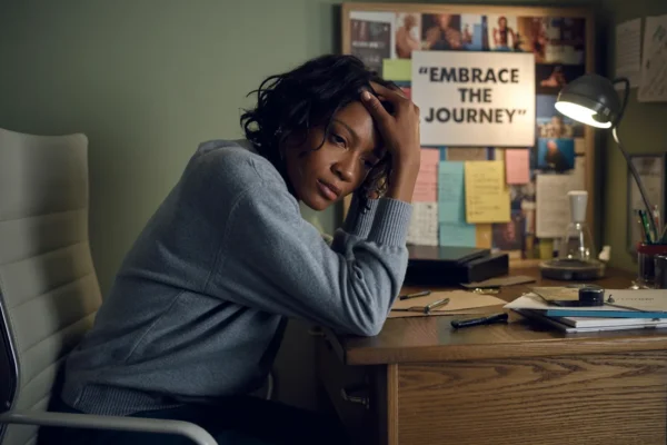 stressed individual sitting at a desk, reflecting the struggle with career burnout and the desire to rediscover life purpose