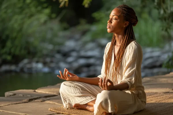 Person meditating in a peaceful space, representing beginner-friendly mindfulness practices for staying present and reducing stress