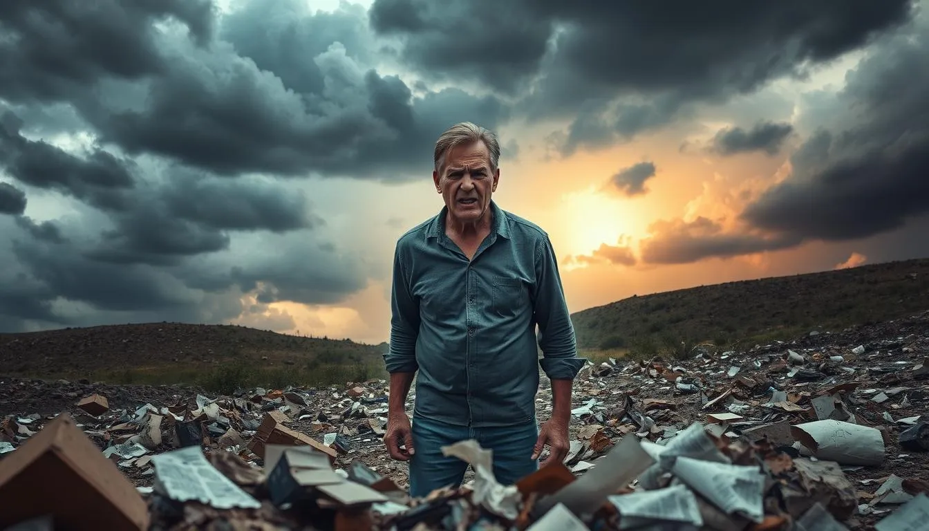 A person standing in a pile novels, notes, journals, searching for alternative outcomes to grief