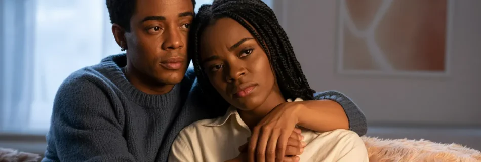 Person comforting a grieving loved one with a gentle hand on their shoulder, showing emotional support and compassion