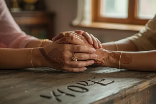 close-up of supportive hands during an emotional conversation, symbolising empathy and connection when someone is struggling emotionally