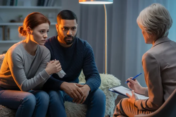Couple sitting in a therapy session, symbolising trust issues and the supportive role of counselling in rebuilding relationships