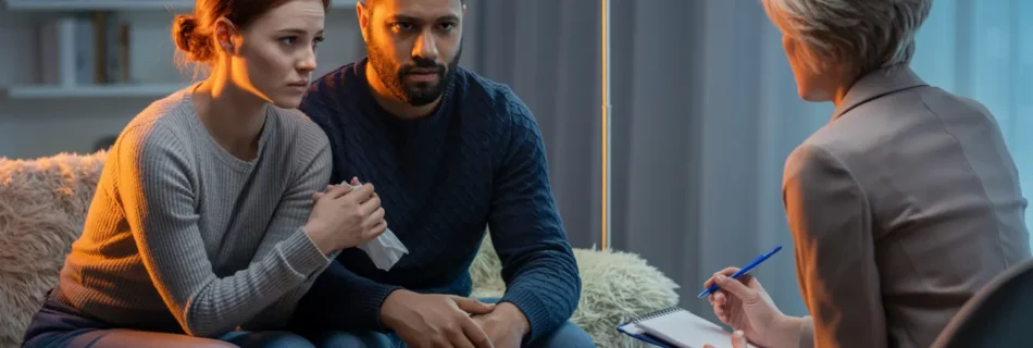 Couple sitting in a therapy session, symbolising trust issues and the supportive role of counselling in rebuilding relationships